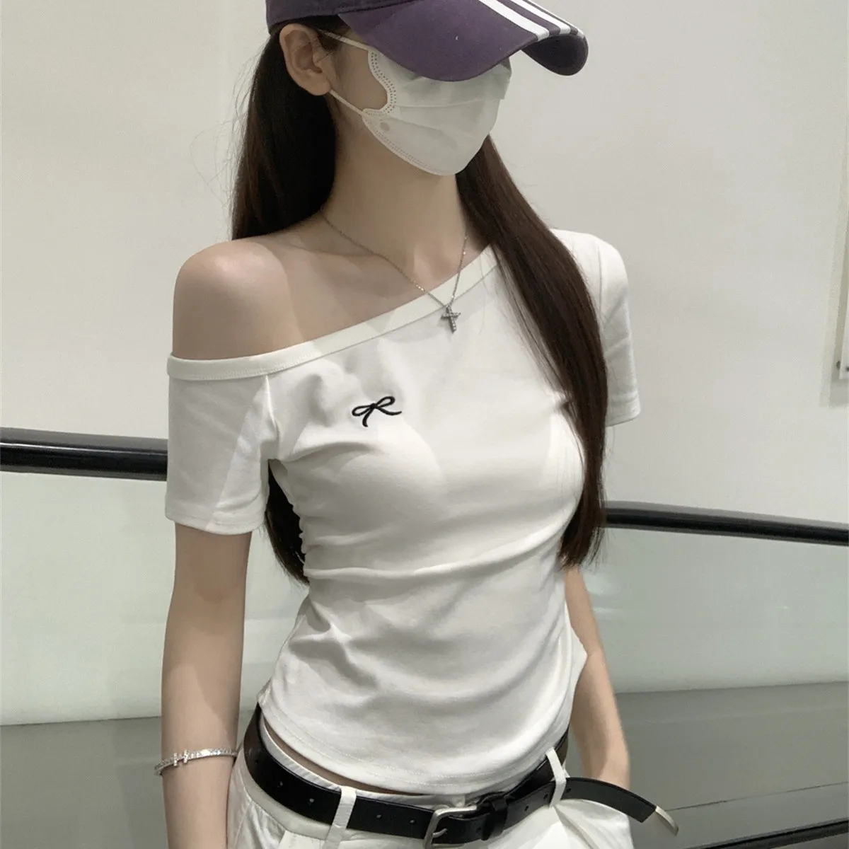 Shoulder Off Korean Fashion Crop Tops Women Sexy Y2K Kpop T-shirts Slim Kawaii Vintage Tees Shirts Cheap Clothes Woman T-shirts