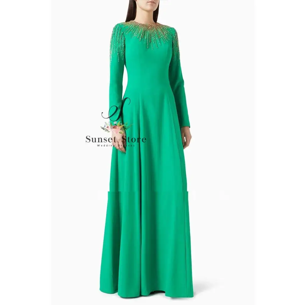 ที่กําหนดเองงาช้างประดับด้วยลูกปัด O-Neck Crepe ชุดราตรีอย่างเป็นทางการ Slim A-Line ชุดราตรียาว 2025 แขนยาวชุด