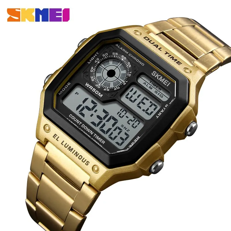 Skmei-reloj deportivo de acero inoxidable para hombre, cronógrafo de pulsera Digital con luz trasera, resistente al agua, 5bar, alarma Clo