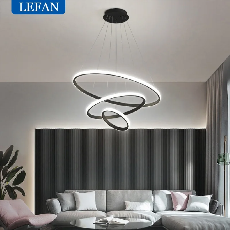 

Modern LED Pendant Lamp Rings Circle Ceiling Hanging Chandelier Black Loft Living Dining Room Kitchen Indoor Lighting Fixture