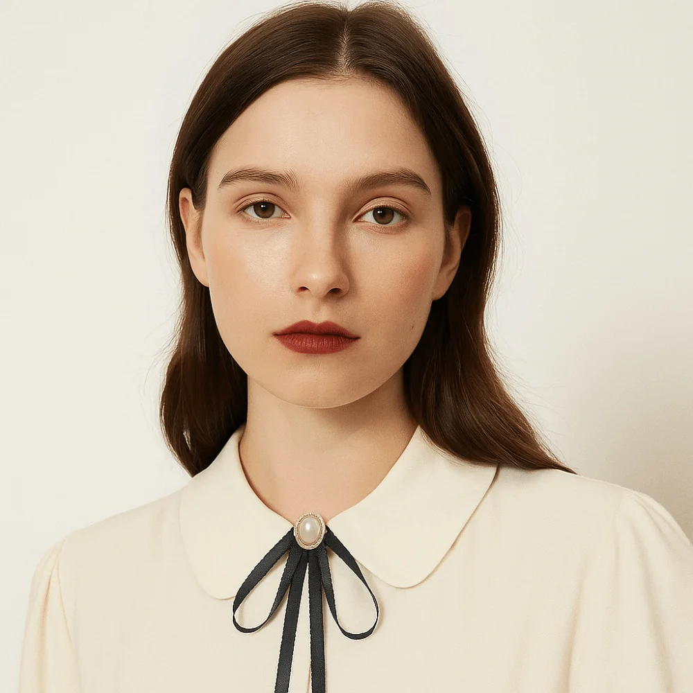 الفاخرة بلون الأسود الشريط دبوس اللؤلؤ متعدد الطبقات الأسود القوس ربطة العنق JK لوليتا الشريط شارة بروش الرجال #4