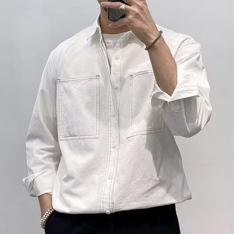 2025 Autumn Men's Long Sleeved Shirt Jacket Retro Washed Casual Workwear Shirts Loose Casual Handsome Men's Clothing