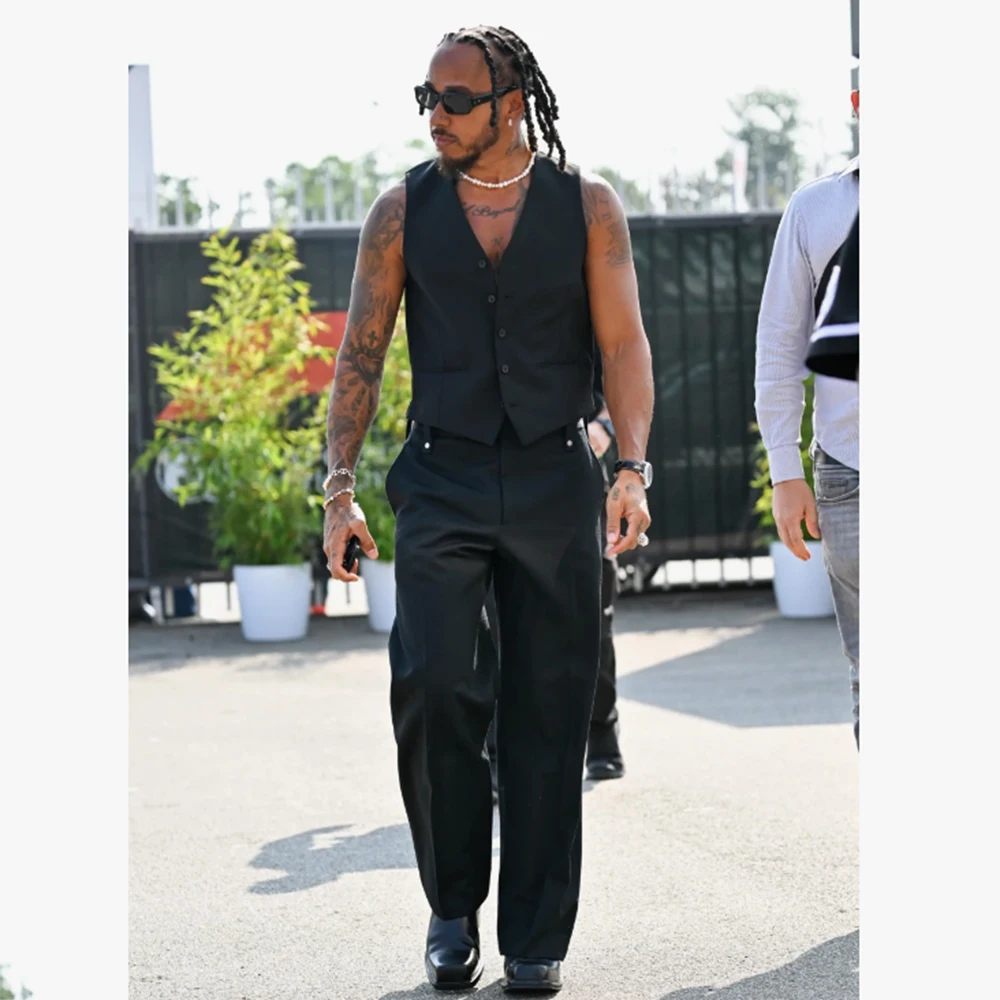 

Fashion Black Men's Suits Sleeveless 2 Pieces Jacket Pant Sets Single Breasted V-Neek Male Chic Prom Clothing Stylish 2025