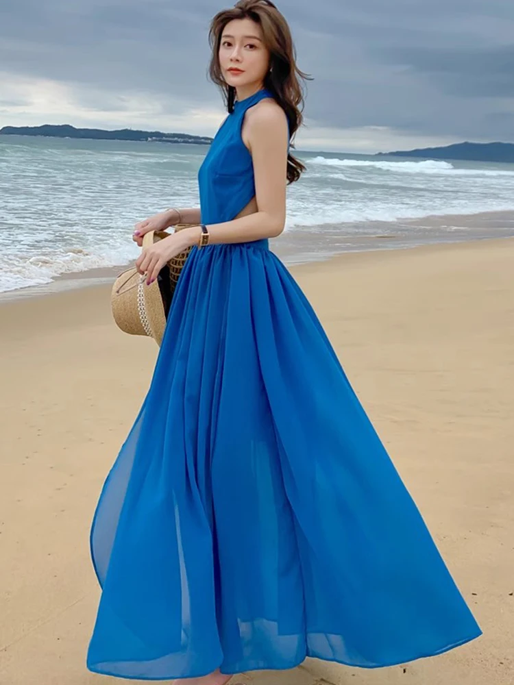 Boho Mode dunkelblau Chiffon sexy rücken freie lange Kleider für Frauen Sommer Halfter hohe Taille lässig Strand Urlaub Kleid Robe