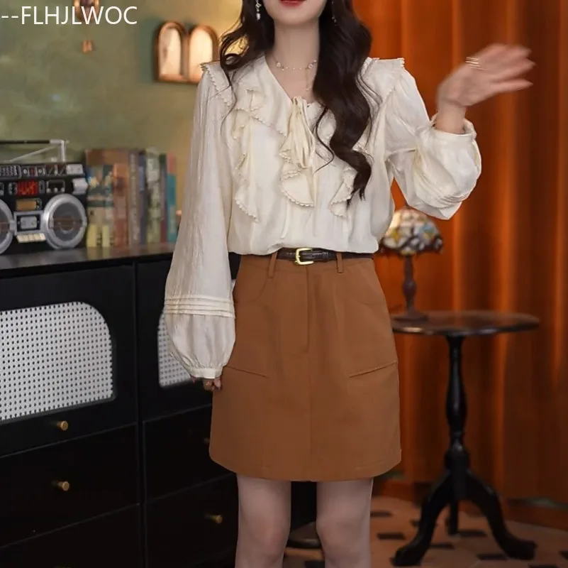 Diskon Besar Blus Atasan Ruffle Dasi Kupu-kupu 2025 Pakaian Fashion Korea Chic Anak Perempuan Manis Lucu Blus Kemeja Wanita Campuran Katun Solid