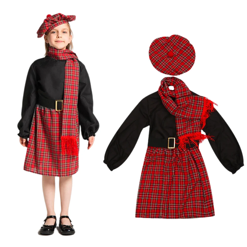 International Children's Day Cosplay Fancy Dress Kid Girl Scotland Top Plaid Skirts Outfits Halloween Carnival Party Costume