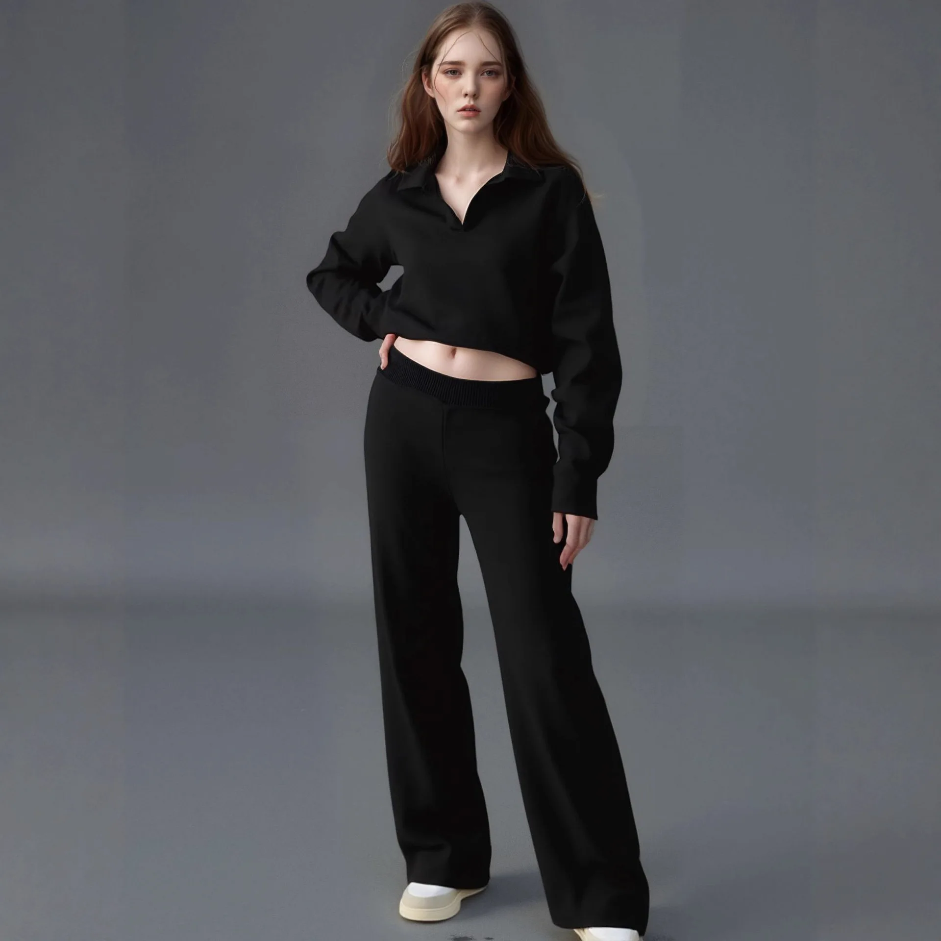 

2025 Autumn and Winter New Sweater Set Polo Neck Knitted Pullover Wide Leg Pants Two-piece Set Костюм Женский Летний