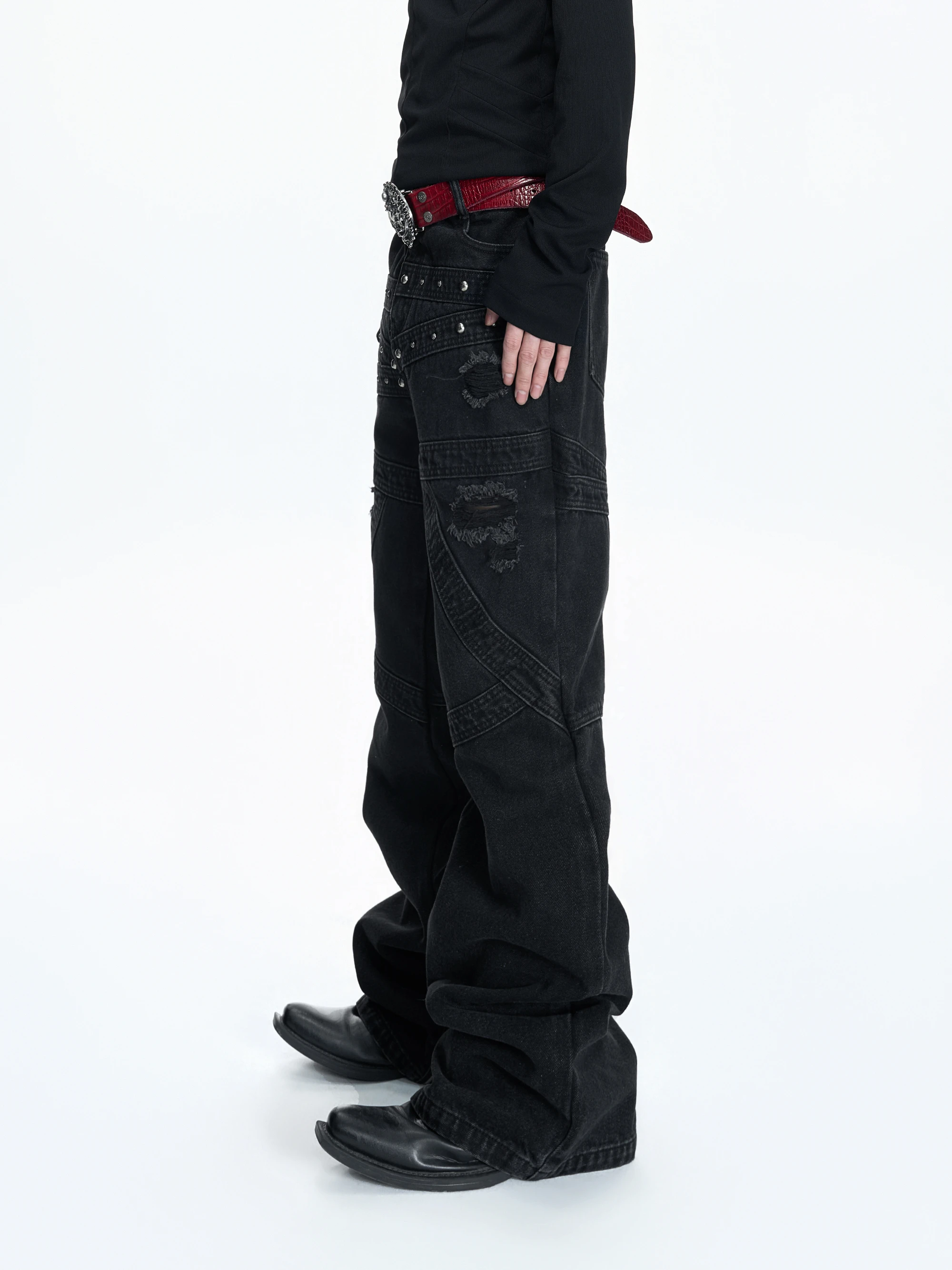 Black Arc Washed Heavy Duty Rivet Destruction Slim Fit Micro Bend Knife Denim Pants Belted Splicing Long Trousers Jeans