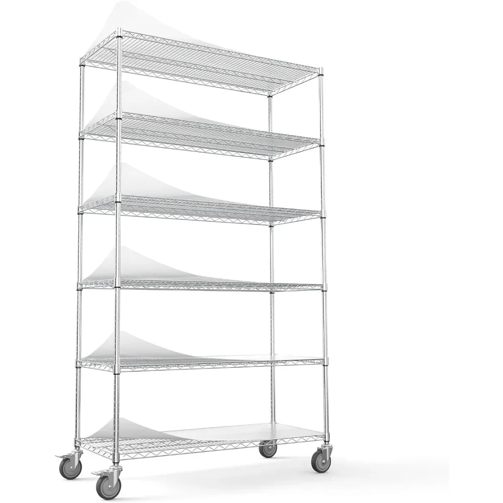 

NSF Heavy Duty 6-Tier Metal Wire Shelving Unit - 6000lbs Capacity, Adjustable, with 5in Wheels/Leveling Feet and Shelf Liners -