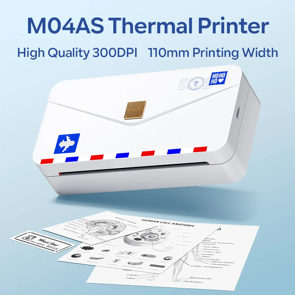 Photo Printer Phomemo M04AS Mini Portable Printer Wireless Bluethooth Thermal Label Maker 300dpi HD Printing for 110mm Paper