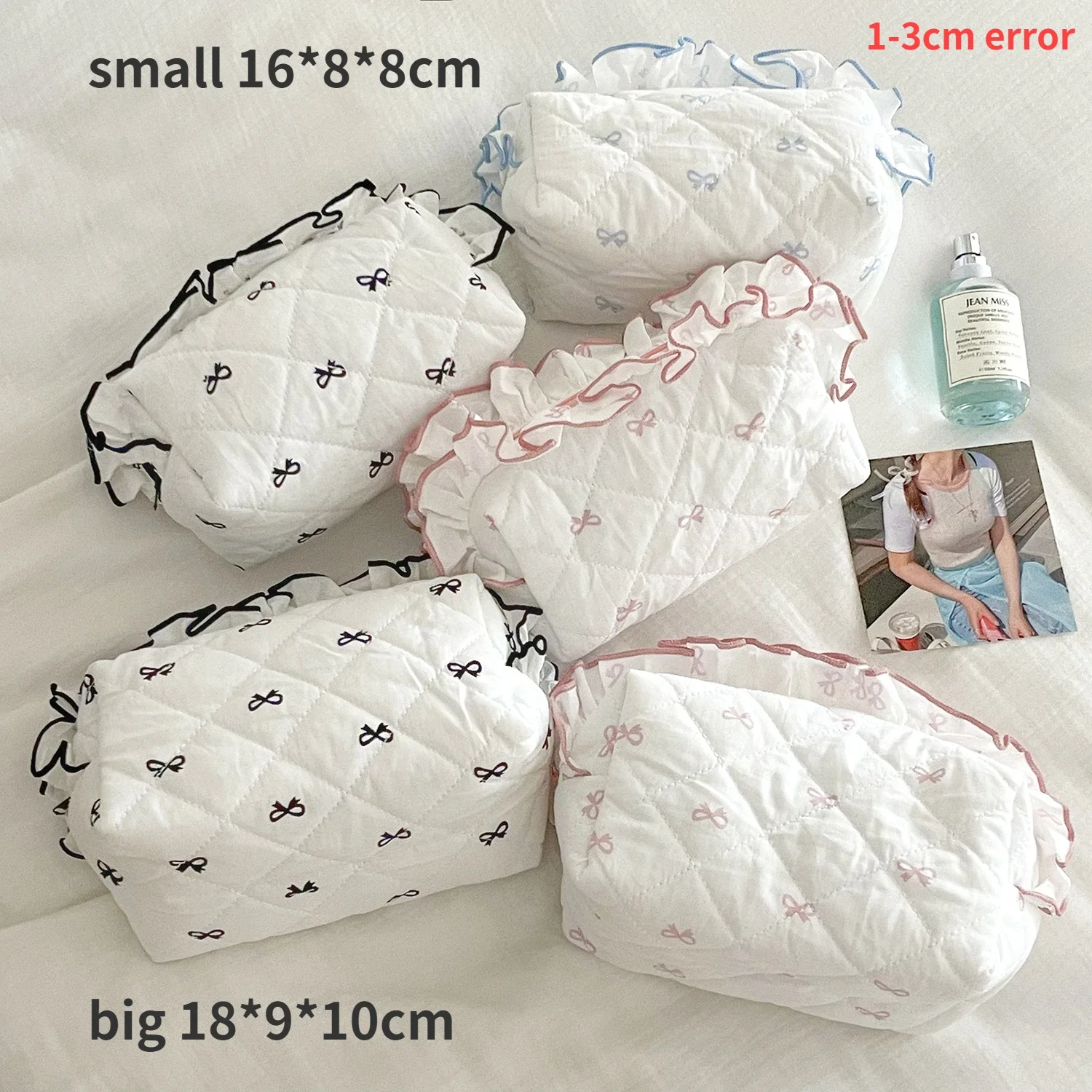 Sweet Design Women's Cosmetic Bag Ruffle Bow Ladies Makeup Case Travel Storage Bags Simple Female Quilted Zipper Clutch Handbags