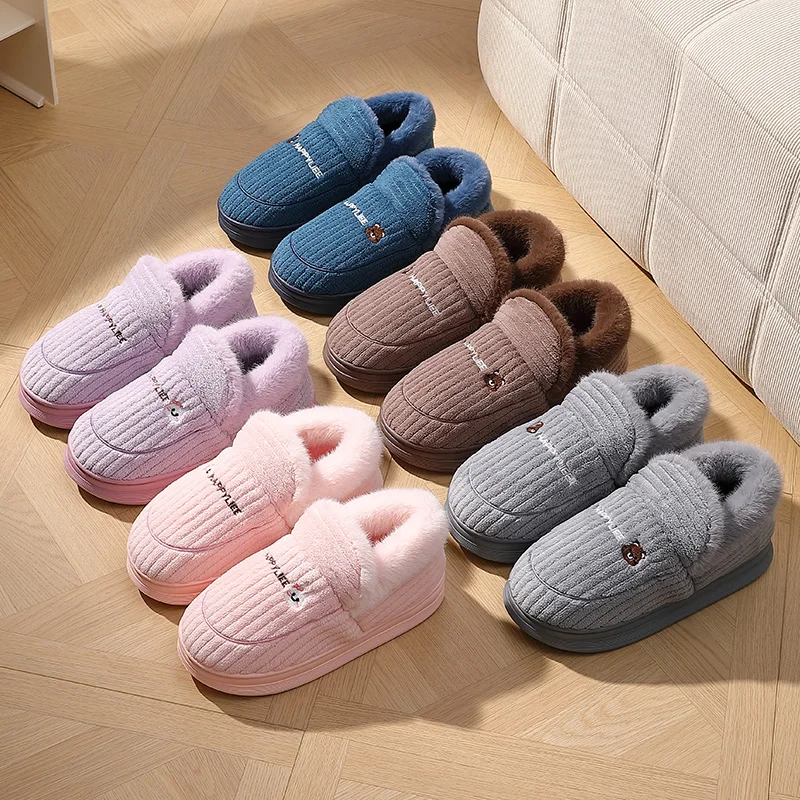 Cute Bunny Winter Slippers Women Men Striped Corduroy House Shoes Soft Plush Fleece Lined Warm Full Wrap Ankle Booties Indoor