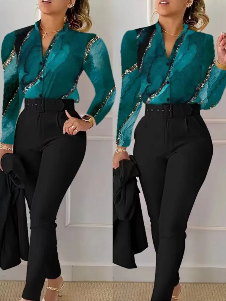 Ensemble deux pièces imprimé élégant pour femme, chemise à manches longues et pantalon long, col en V, tenues de vêtements de travail avec ceinture,