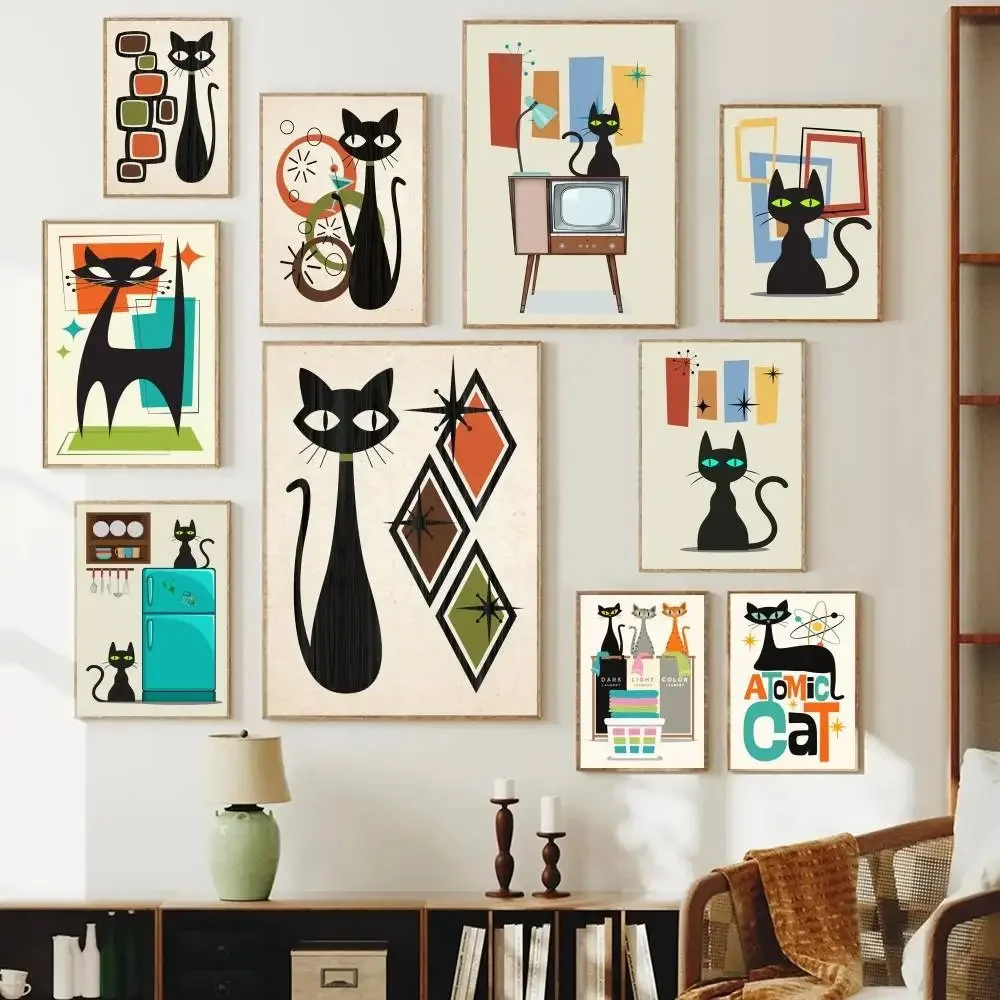 Mid Century Atomic Black Cat Paper Poster Retro Geometric Shape Kitty Wall Print Decor for Living Room Cat Lover Gift