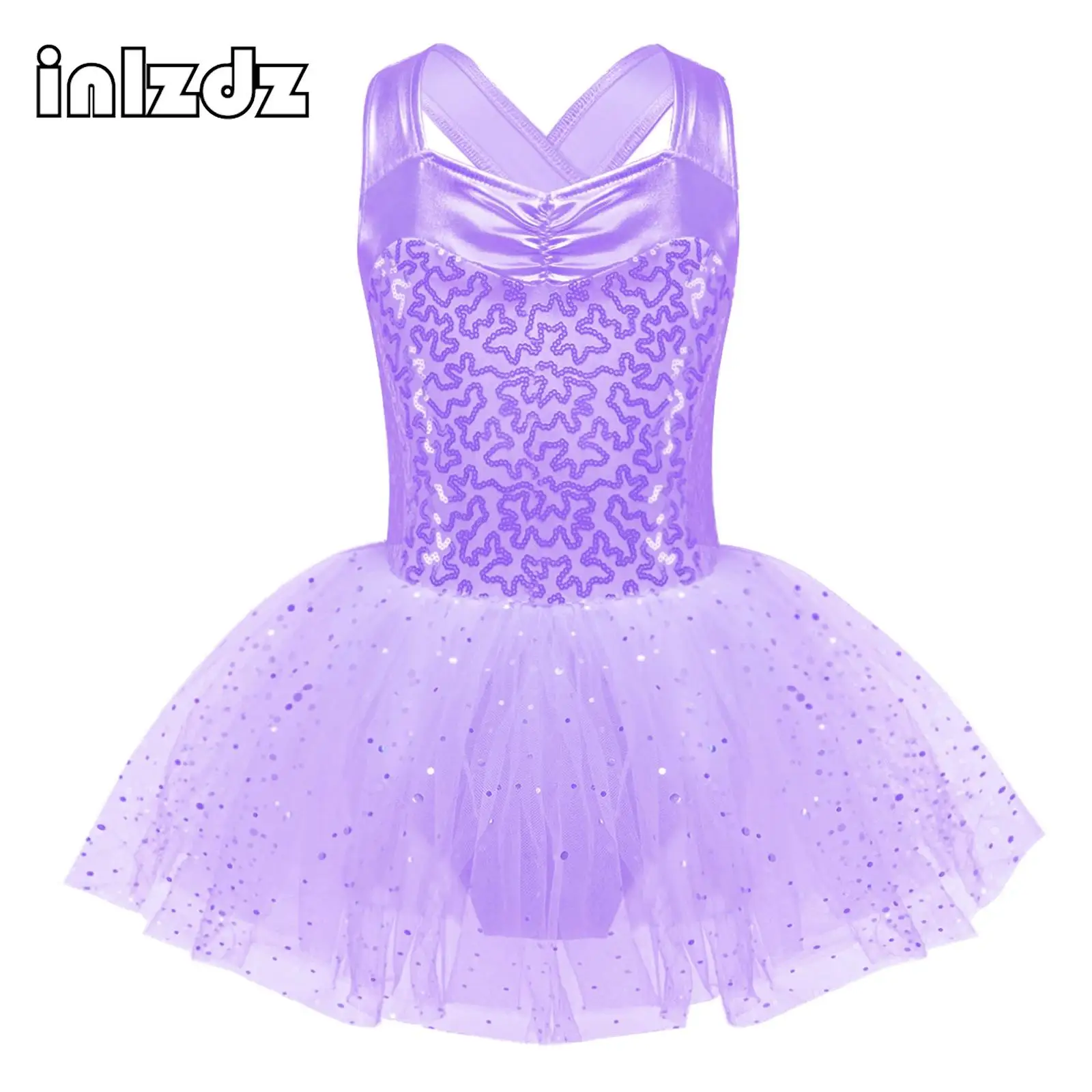 

Kids Girls Sleeveless Ballet Leotard Dancewear Sequin Ballerina Crisscross Hollow Back Tutu Gymnastics Leotard Skating Dancewear