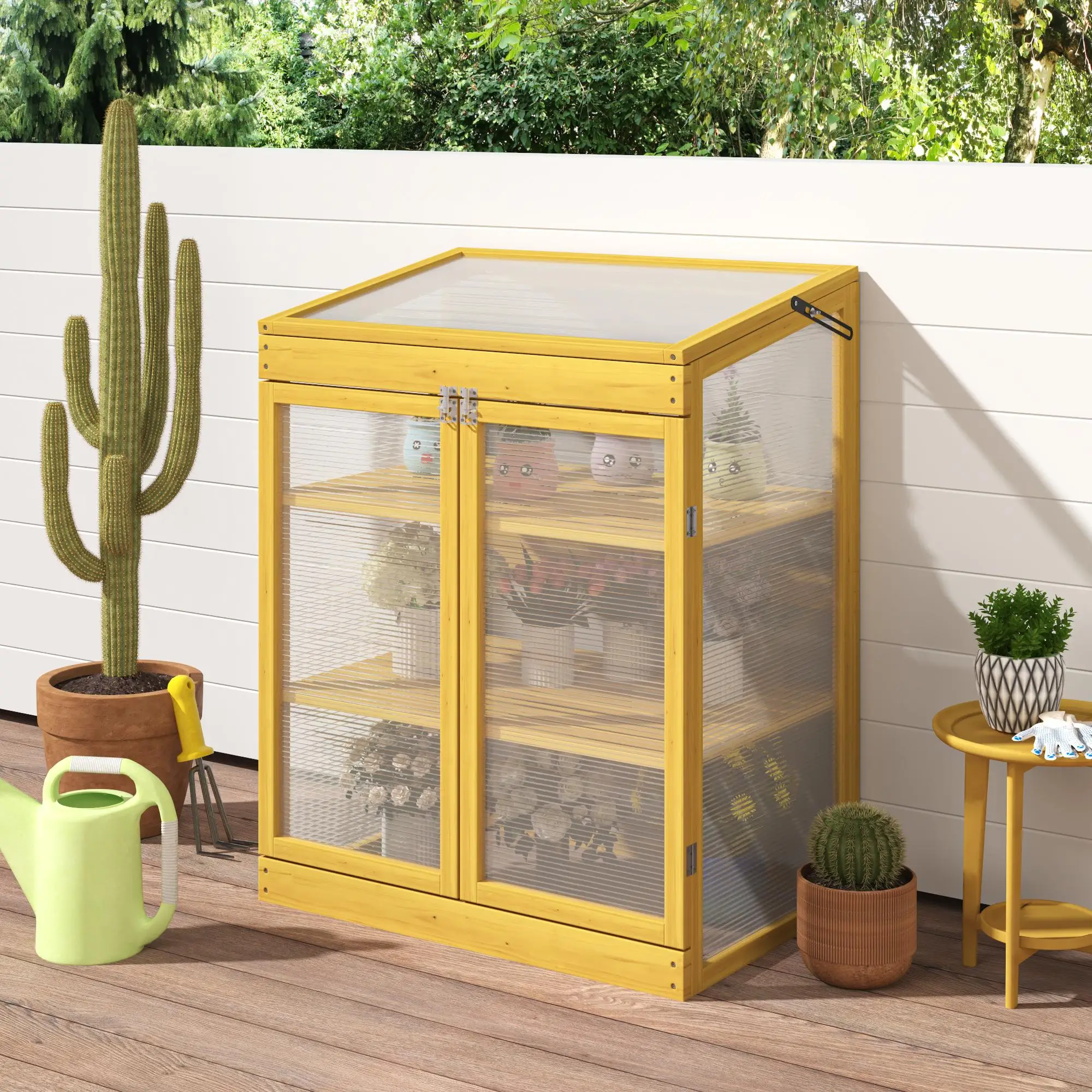 Wooden Greenhouse Cold Frame 2-Tier Polycarbonate Outdoor Garden Cabinet Brown Keep Plants Warm