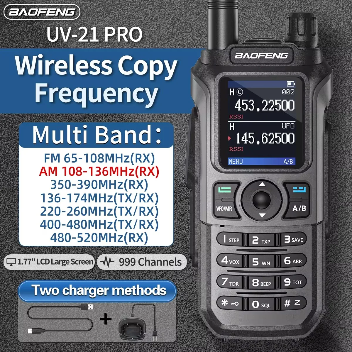 Baofeng UV 21 프로 무선 복사 주파수 워키토키, 999CH AM 장거리 방수 멀티 밴드 C 타입 햄 라디오 UV 5R UV-K6 