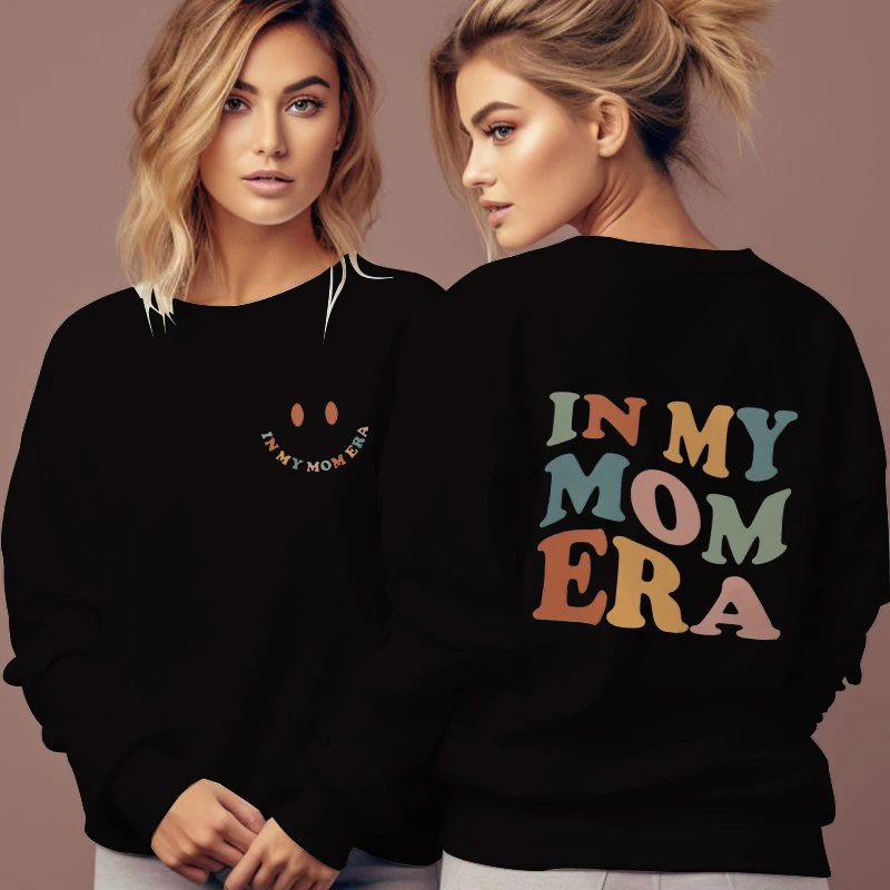 Women Creative Smiling Face Sweatshirt "In My Mom Era" Print Casual Daily Hoodless Pullover Funny Aesthetics Y2K Letter Hoodies