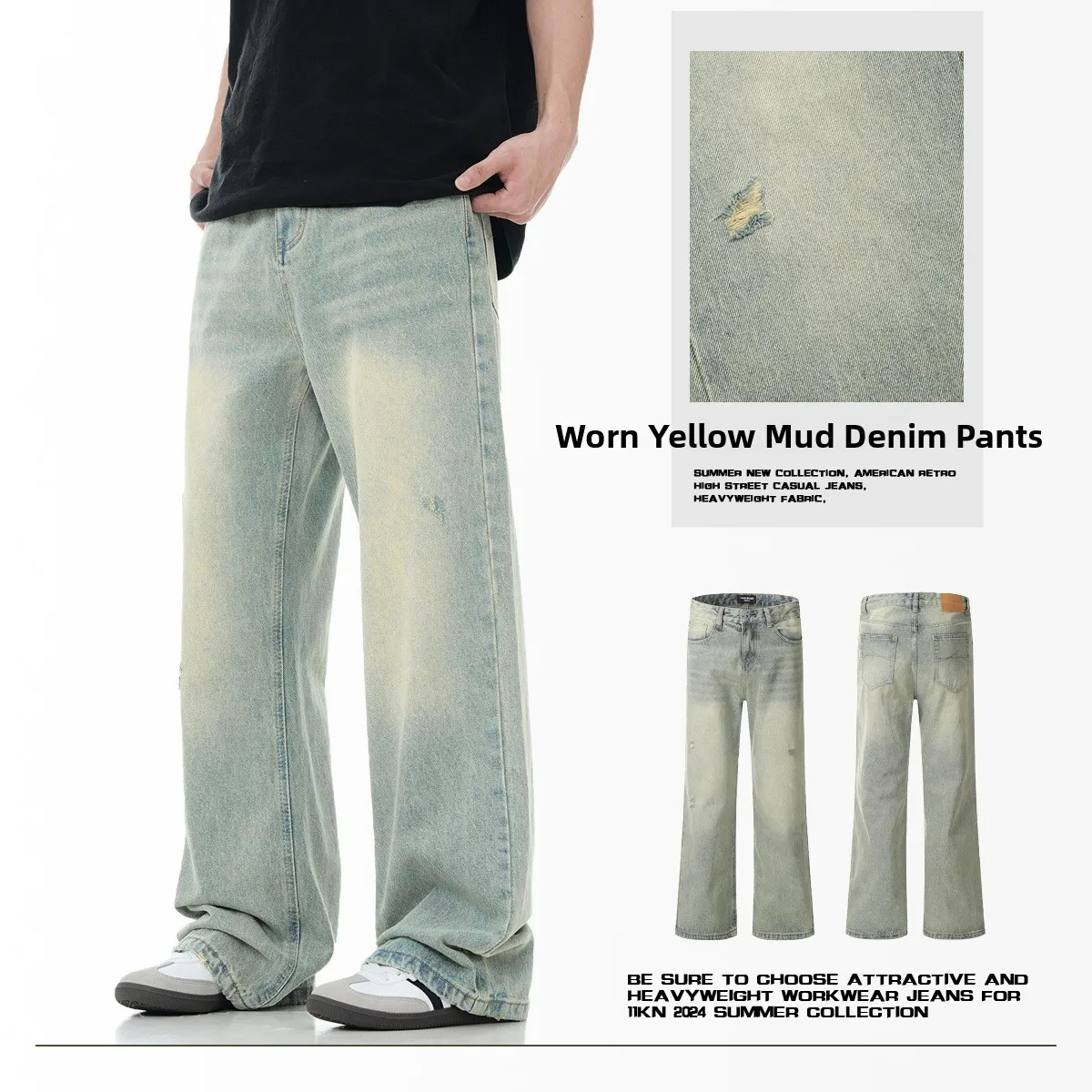 

Мужские джинсы-клеш в стиле ретро, свободного кроя, с эффектом потертости, повседневные, синие, из хлопкового денима, прямые брюки