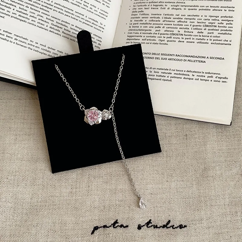 

Minar High Quality Pink Color CZ Cubic Zircon Flower Water Drop Tassel Pendant Necklaces for Women Silver Plated O-chain Choker