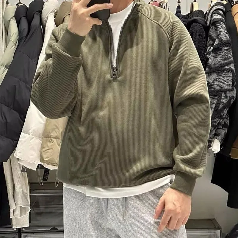 Gebreide trui met halve rits, opstaande kraag, effen kleur, warme trui voor heren, herfst en winter, veelzijdige gebreide kleding