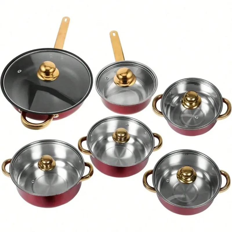 Stainless Steel Cookware Set With Nonstick Surface And Gold Handles Kitchen Pots And Pans For Frying Baking And Cooking Vibrant Wine Red Color Compatible With Multiple Heat Sources