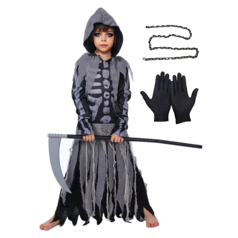Disfraz de esqueleto aterrador para niñas, disfraz de Grim Reaper, conjunto de lujo, cadena de guadaña, Soultaker, vestido para fiesta Rave de Halloween