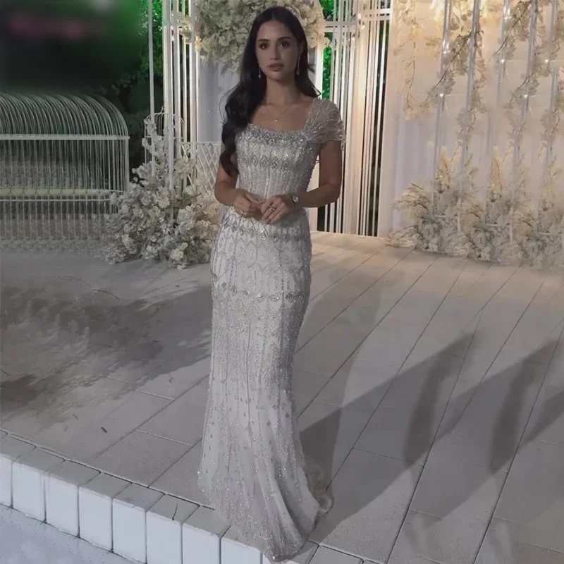 

Customized Luxury Elegant Prom Dress White Mermaid Short Beaded Long Evening Dresses Gowns Arabic For Occasion