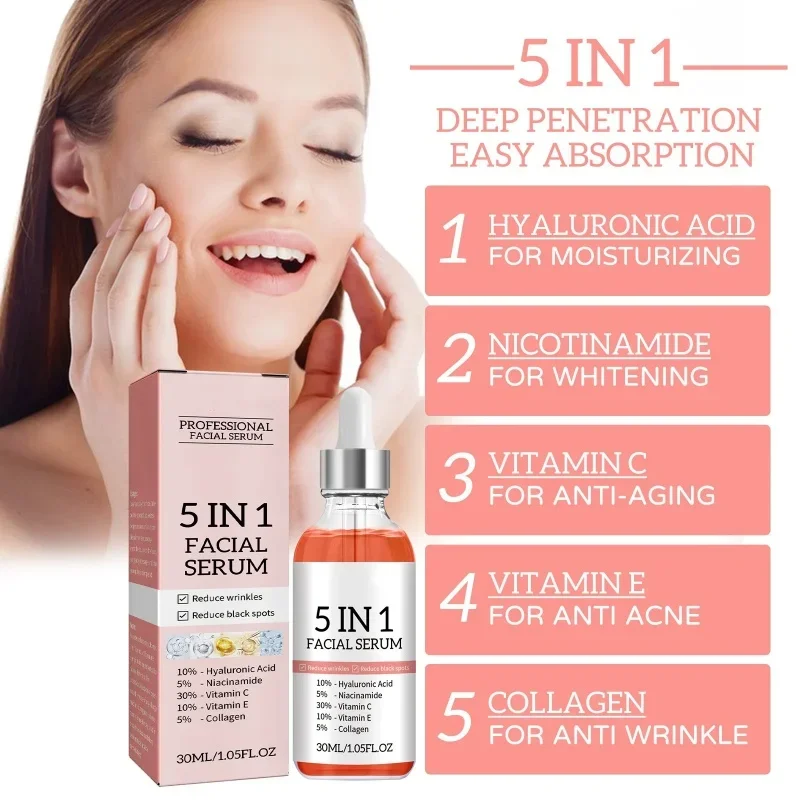 5 In 1 Fade fine lines Firming Face Serum Moisturizing brightning Vitamin C Hyaluronic Acid Facial Serum Shrink Pores Skin New