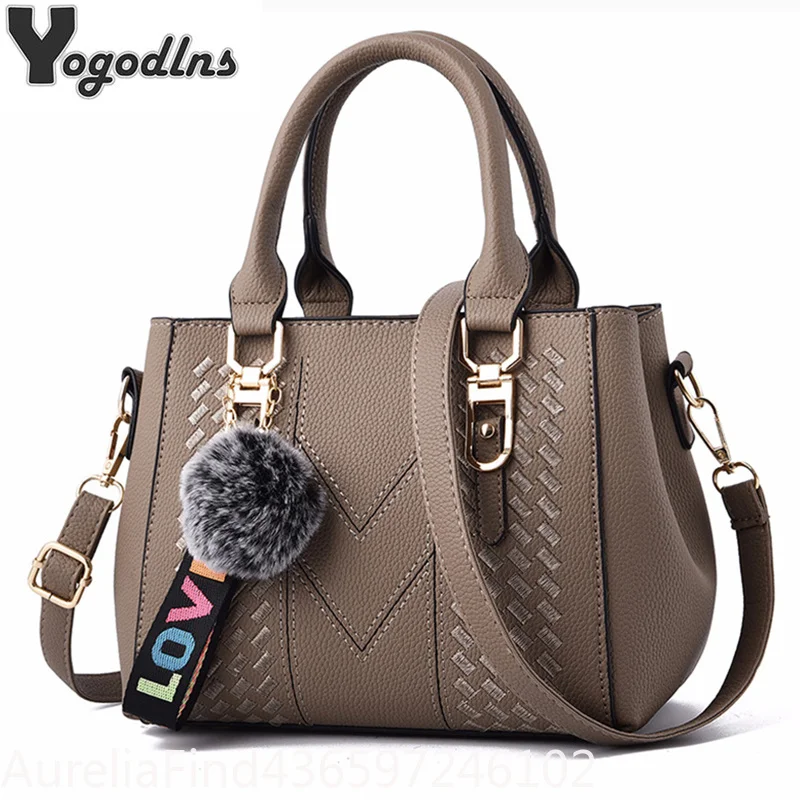 Women Embroidery Messenger Bag PU Leather Handbag with Hair Ball Pendant Casual Crossbody Shoulder Bag Sac a Main