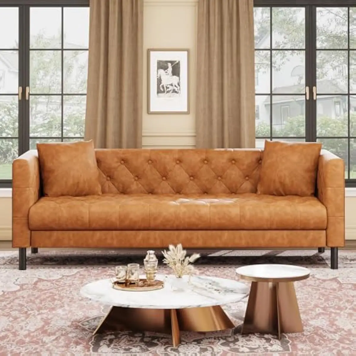 Mid-Century Modern 3-Seater Faux Leather Couch  81 Inch Wide  26 Inch Deep Seat  Hand-Tufted Button Detail  Cognac Tan Finis