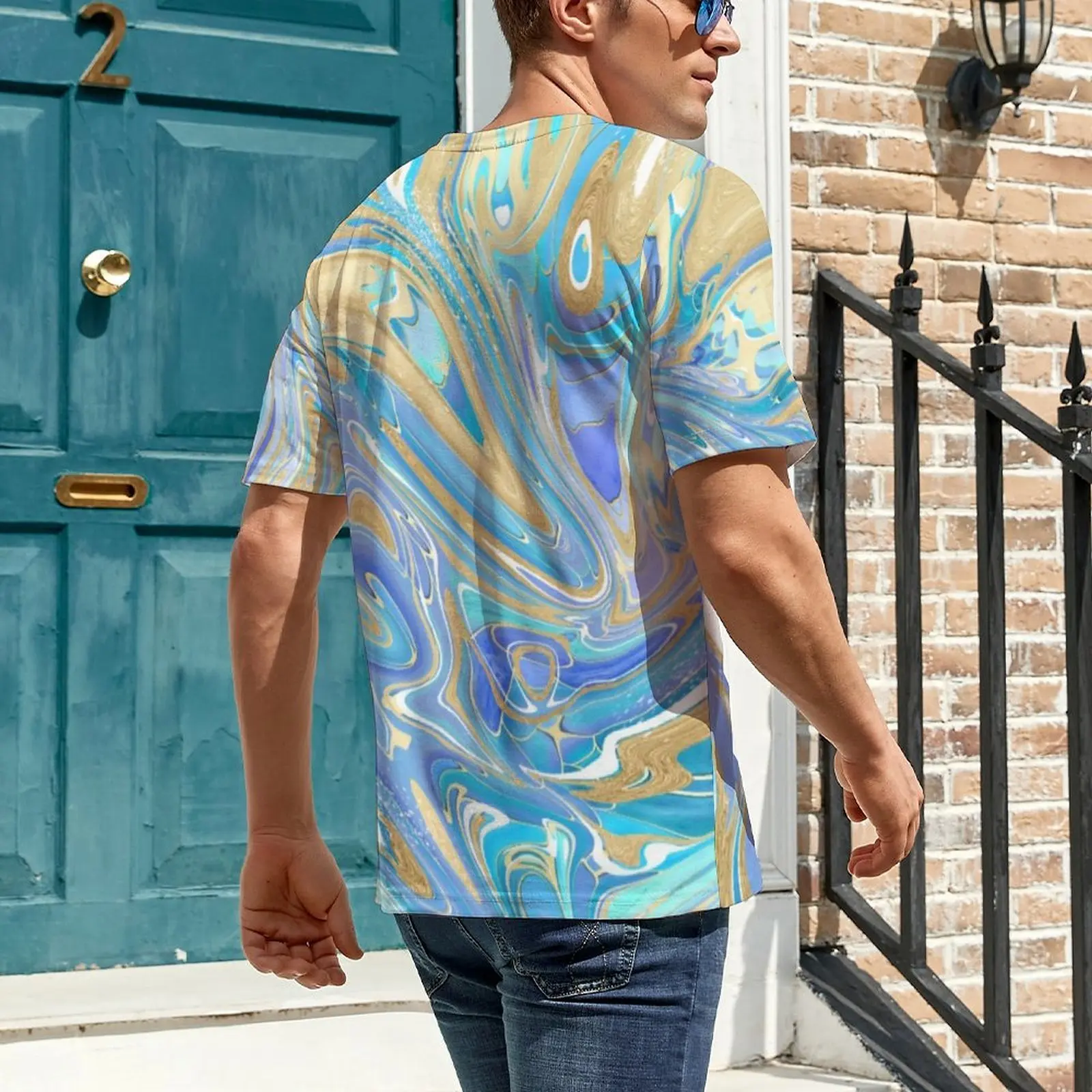Summer T Shirt Sky Blue Gold Marble Print T-Shirts  Funny Retro Tee Shirt For Men Short-Sleeved Graphic Big Size Clothes