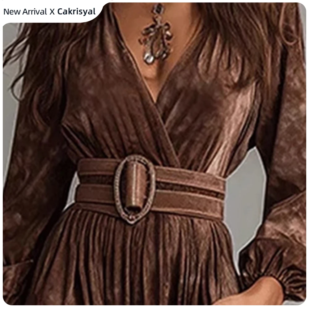 Women‘s Vintage Faux Velvet Ink Painting Print Evening Maxi Dress Elegant V-Neck Lantern Sleeve Slim Fit No Belt Flowing Dresses