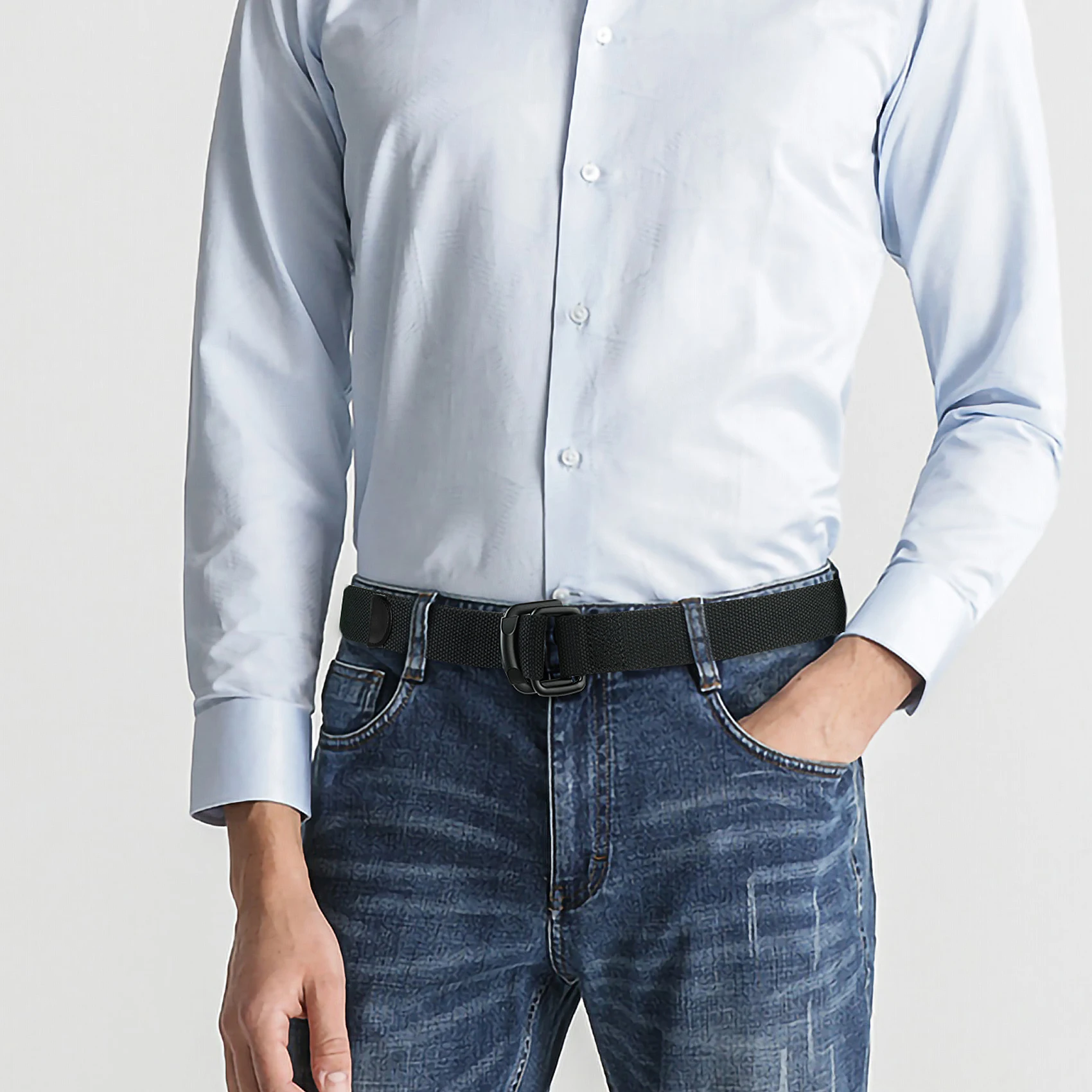 Plus Size Herrengürtel, 100–190 cm lang, schwarz, lässig, Jeans, groß und hoch, für Damen, Doppelring, Segeltuch – Detail 6