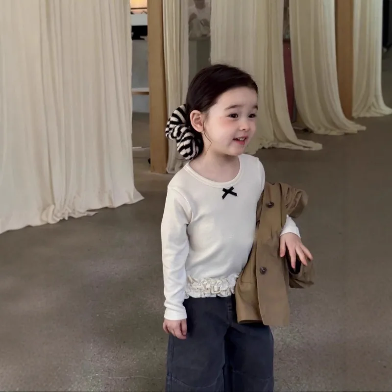 

Girls Shirts 25 Autumn Korean Style Cute Bow Long Sleeve T-Shirt Baby Girl Versatile Round Neck Base Layer Top