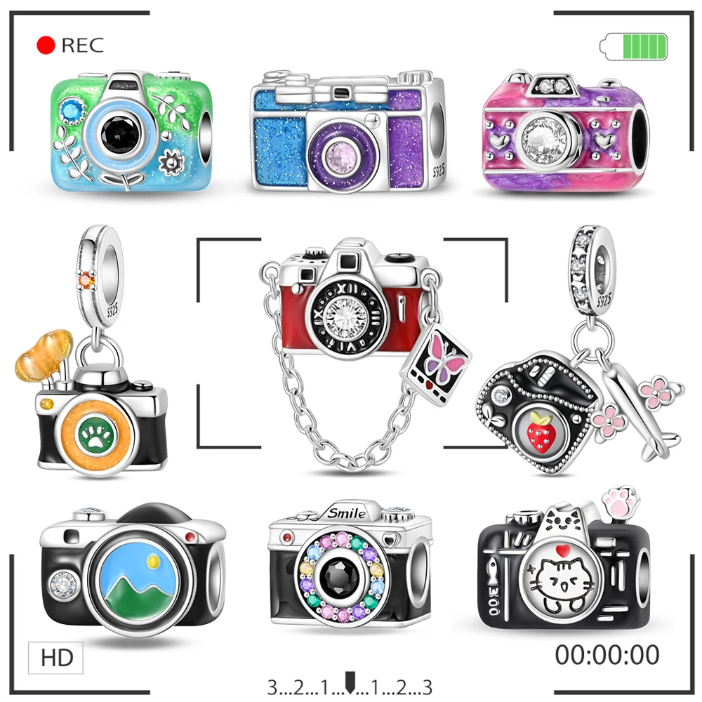 Niche 925 Sterling Silver Cute Grass Cat Navigation Camera Series Accessories Fit DIY Bracelet Necklace Boutique Jewelry Gifts
