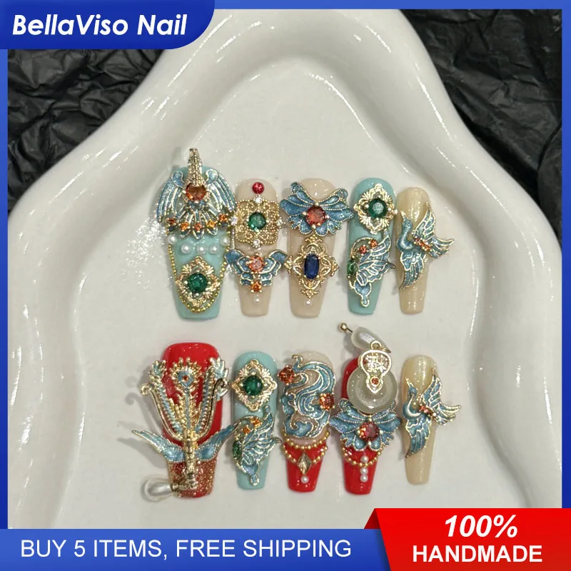 

Happy Life | Luxury Chinese Wedding Long Coffin Press On Nails Fake Nails 10pcs Handmade Dragon Phoenix Reusable Nail Art Tips