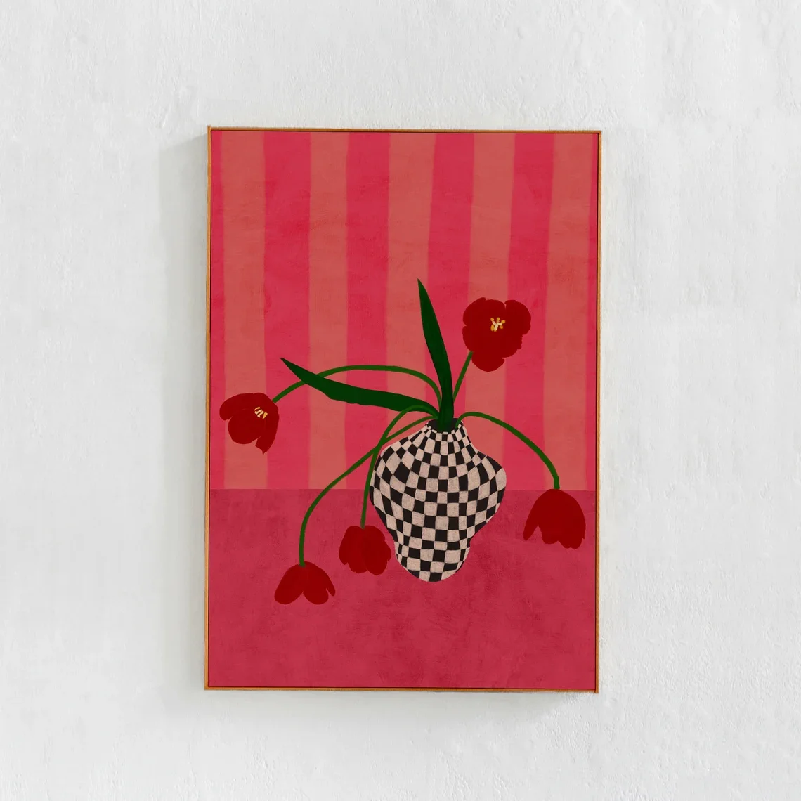 Décoration murale contemporaine et éclectique aux tons rose baie, impression d'art téléchargeable, tulipes dans un vase à carreaux, art floral imprimable