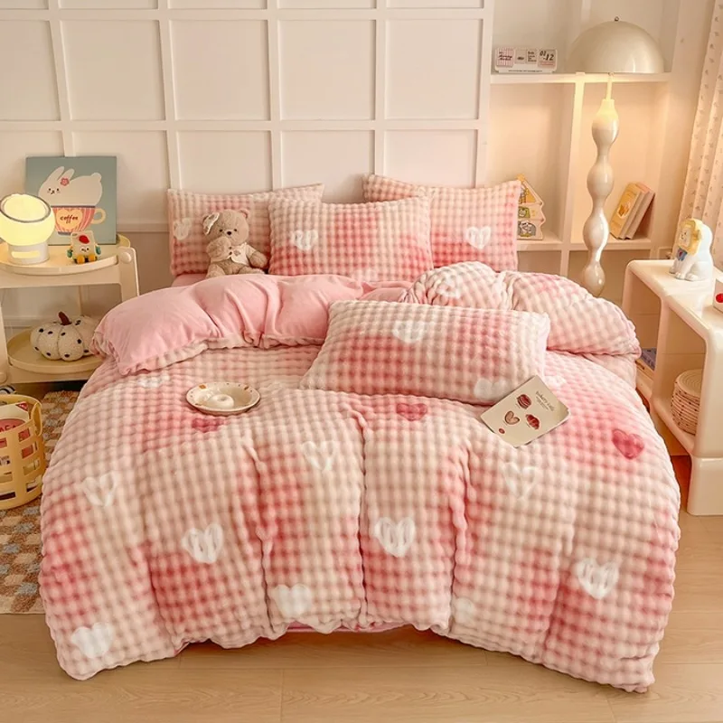 2024 New Milk Fleece Printed Bubble Four-piece Set Class A Winter Thickened Quilt Cover Sheet Sheet Sheet Baby Fleece