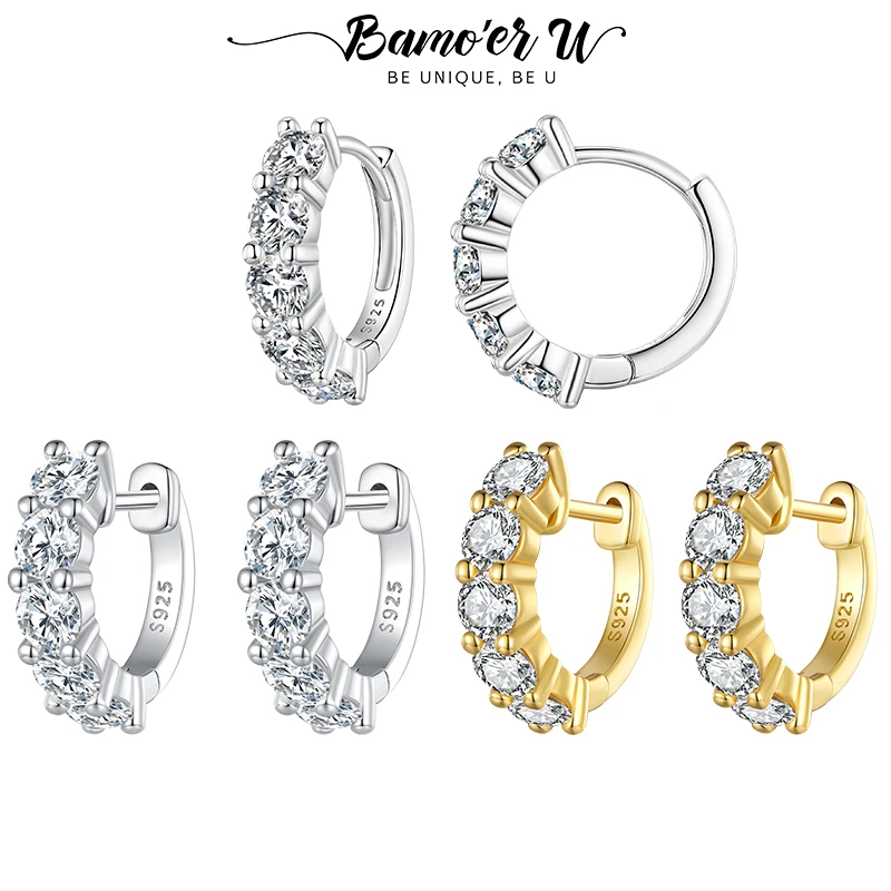 

Bamoer U 1CT Moissanite Earrings Half Eternity 925 Sterling Silver Ear Buckle 5 Stones Round Hoop Wedding Jewelry Gift 3.5mm