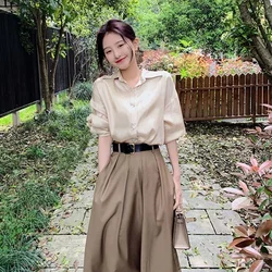 Women New Long Sleeved Shirt Skirt Two Piece Set 2025 Design Sense Female Korean Spring Solid Long Sleeved Shirt Skirts Outfit