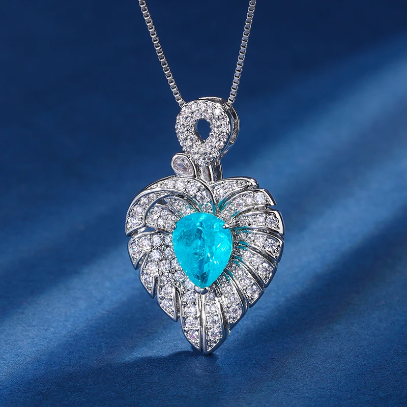 EYIKA Luxury Pear Shape Green Blue Palaiba Tourmaline Leaf Heart Pendant Necklace Ladies Elegant Zircon Feather Choker Jewelry