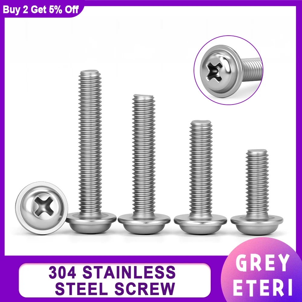 M2M2.5M3M3.5M4M5 DIN967 304 Stainless Steel Cross Phillips Pan Round Head With Washer Padded Collar Screw Bolt Pan Padded Screws