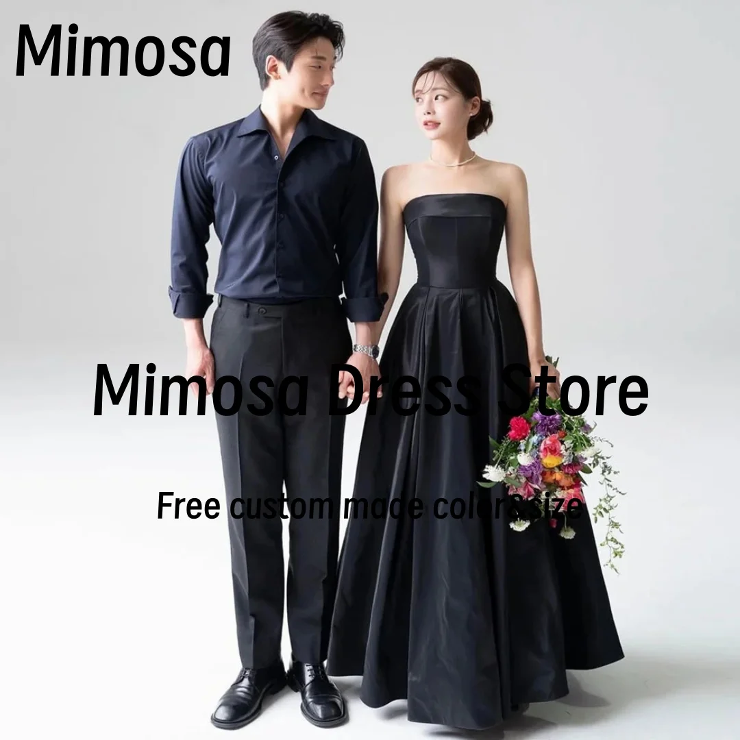 Mimosa Black Satin Prom Dresses Strapless Korea Women's Evening Dress 2025 Sexy Back Wedding Party Bride 한국 웨딩드레스 Customized