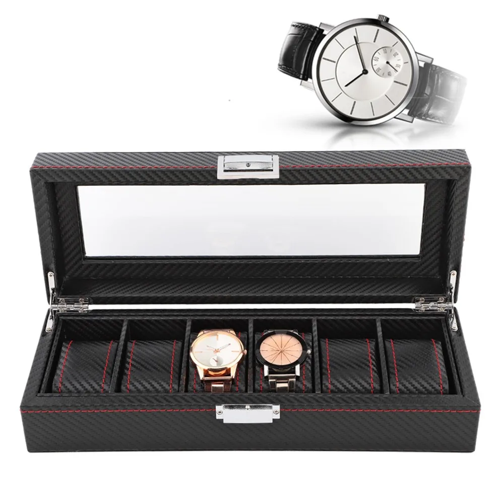 Space Saving Carbon Fiber Watch Box Transparent Window Red Line Watch Storage 6 Slots Luxury Watch Case Watch Display