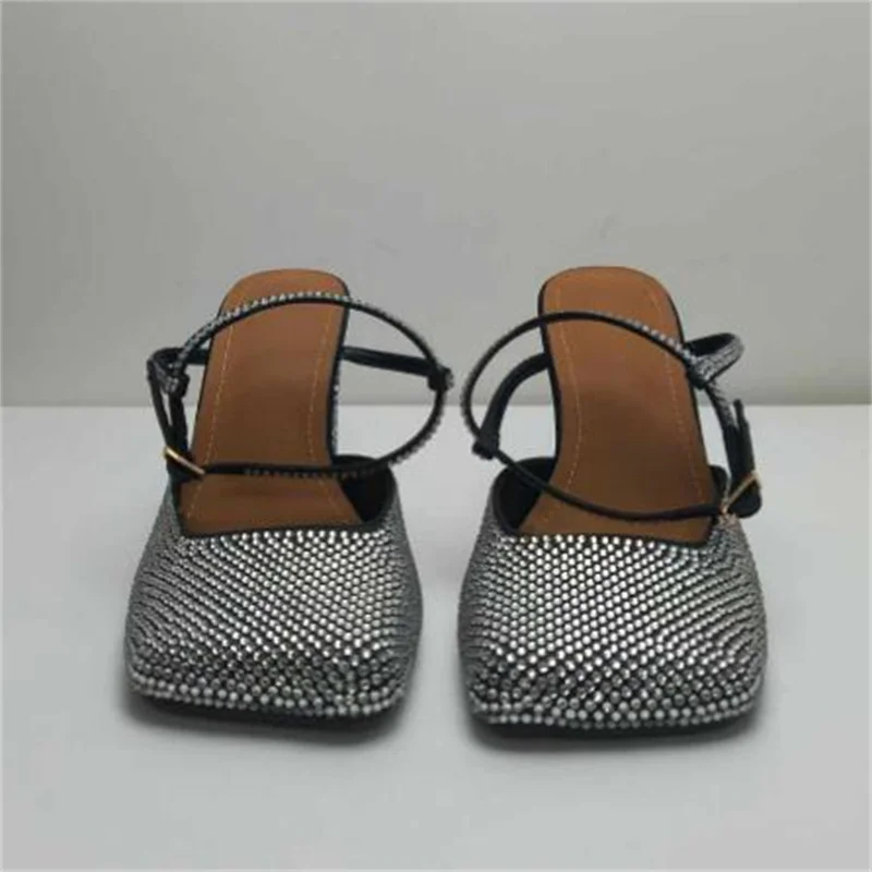 

Rhinestones Shoes for Women Square Toes Ladies Tacones Buckle Female Sandal Back Strap Chassure Femme Sewing Lines Zapatos Mujer