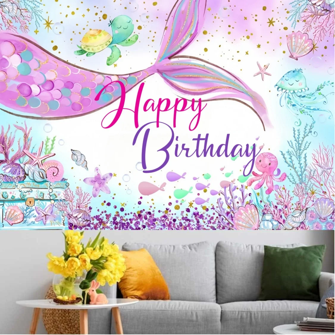 Happy Birthday Party Little Mermaid Backdrop Decoration Kids Boy Girl Baby Shower Photography Background Banner Vinyl Poster