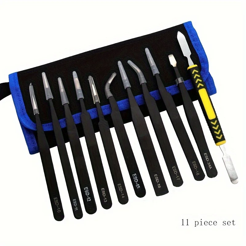 

11pcs Precision Pointed Tweezers Set, Stainless Steel Removal Pry Bar Kit, Canvas Bag, Anti-static Repair Tool Electronic