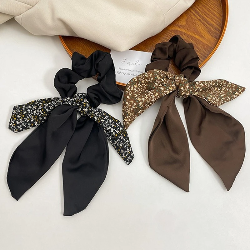 New Korean Floral Bowknot Hair Ties for Women Girls Sweet Elastics Long Ribbon Ponytail Scarf Hair Tie Hair Accessories