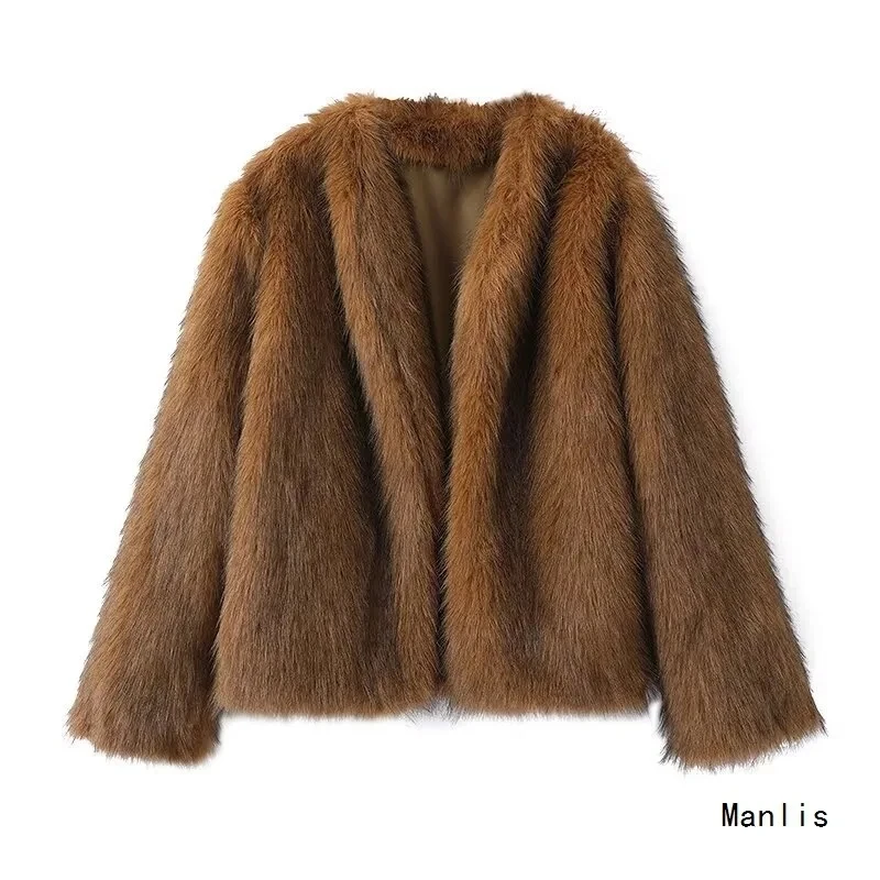 2026 Spring New Fashion Elegant Desin Brown Faux Fur Leather Short Women Coat Winter Thick Warm